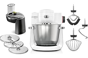 ‎BOSCH Bosch Küchenmaschine Serie 6, 7 Geschwindigkeitsstufen, 5,5l Schüssel, Durchlaufschnitzler, 3 Scheiben, Knethaken, Rührbesen, Silikonbesen, spülmaschinenfest, 1.600 W, silber/weiß, MUMS6EW13D