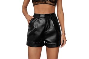 GORGLITTER Women's Rolled Hem PU Leather Shorts High Waist Pleated Casual Straight Leg Shorts