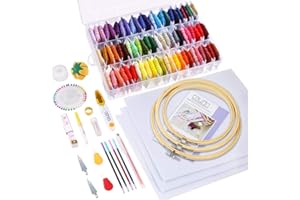 Caydo 164 pièces Kit de broderie, 72 fils de couleur, 3 morceaux de tissu Aida, instructions, cerceaux de broderie et outils de point de croix pour adultes et enfants débutants
