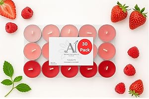 Aroma Naturals London Scented Tealight Candles Bag | 4 Hour Burn Time | Standard Size D3.77 x H1.45cm | Three Tone Coloured Wax & Aluminium Cups | Pack of 30 Tea Lights Scent (Strawberry & Raspberry)
