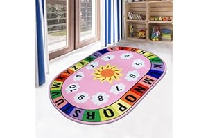 USTIDE Alphabet Number Educational Kids Rug Pink Girls Playroom Rug Number Rugs for Kids Cloud Sun Rug ABC Letters Learning Mat Carpet 80x120cm