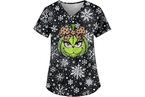 XYYYHTL Christmas Scrubs for Women Medical Uniform Nurse Hospital Tops Xmas V-Neck Working Uniforms Adult Santa Workwear Green Monster Print Scrub Jackets for Woman Nursing Jackets for Nurses