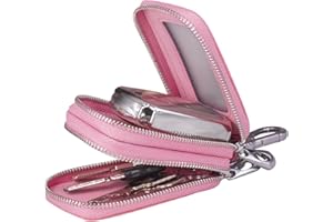 Guolich Car Key Chain Bag Double Zipper Leather Protection Key Coin Holder Keyring with Transparent Window for Car Key Remote Control (PINK)