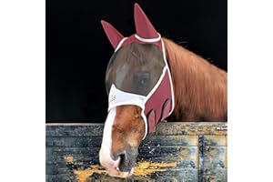 Horses Máscara antimoscas Pro Fly, Ligera y Transpirable, no obstaculiza el Campo Visual del Caballo, protección de los Ojos y Las Orejas (S, Burdeos/Blanco)