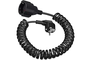 VIEVRE Przedłużacz Schuko, 2 m, kabel spiralny z zestykiem ochronnym, 3 x 1 mm², maks. 0,6 m do 2 m, przewód przedłużający IP44 (230 V/16 A), wtyczka Schuko ze złączem do domu, biura, na zewnątrz, czarny