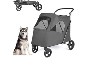 AESRAOU Large Dog Travel Stroller with 4 Heavy Duty Wheels Pet Stroller with Adjustable Handle - Double Doggie Capacity Jogger Wagon with Back Front Door for Small Medium Large Dogs (Dark Grey)