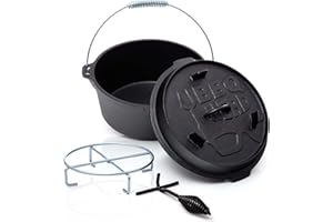 ‎BBQ NERD BBQ-Nerd© Dutch Oven "Professional" 4,2L mit Ständer | bereits eingebrannt - preseasoned | Gusseisen Feuertopf mit Deckel und integr. Bratpfanne | Feuerfester Grill & Camping Kochtopf mit Deckelheber