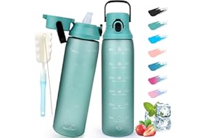 GXCROR 1 Litre Water Bottle with Straw, BPA Free Leakproof Sports Water Bottles with Motivational Time Marker, Large Drinking Bottles Flask Great for Gym, School, Office and Outdoors (Dark Green)