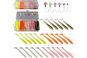 CLKE 37 Pcs Fishing Lures and Hooks Kit, 30 Soft Plastic Lures, 6 Jig Heads and 1 Storage Box, Freshwater and Saltwater Fishing Gear for Bass, Trout, Crappie, Tilapia