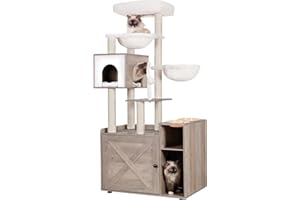 Hey-Brother Arbre pour Chats avec Bac à Aable pour Chats, Arbre à Chat de Style Moderne, Equipé d'une Grande Plateforme, d'un Plateau d'alimentation et de Deux Hamacs, Gris Vintage EMPJ115SG
