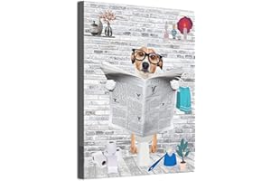 MKHFUW Art mural amusant pour salle de bain, animaux drôles, lisant des journaux dans les toilettes, sur toile, pour toilettes, salle de bain, animaux, œuvre d'art, sans cadre (chien, 30 x 40 cm)