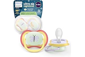 Philips Avent Sucettes de nuit ultra air - Orthodontiques, pour bébés de 0 à 6 mois, phosphorescentes, téterelle symétrique en silicone souple, sans BPA, lot de 2, SCF376/25