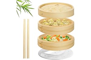 Flexzion Bamboo Steamer Basket Set (10 inch), 50 x Steamer Liners and 2 Pairs of Chopsticks, Steam Baskets for DimSum Dumplings, Rice, Vegetables, Fish and Meat