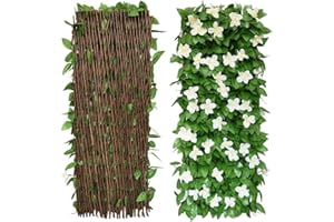 REOVE 2Pcs Artificial Leaf Screening, Expandable Fence Privacy Screen for Balcony Patio Outdoor,Decorative Faux Ivy Fencing Panel,Artificial Hedges 30x200cm- Expanded (White Flowers)