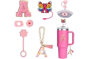 FIDWALL 6PCS Accessori personalizzati per Stanley Cup, Decorazioni con iniziali per tumbler Stanley, Adesivo con lettera per Stanley Cup, Ciondolo con lettera,Cappuccio di copertura per cannuccia e tappo (A)