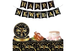 EPICSOA Happy New Year Party Tableware Banner Paper Plates Set, Black Gold Glitter 2026 New Years Eve Party Bunting, New Year Eve Paper Plates Tableware Decoration