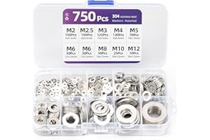 YOUKLY Washers For Screws, 750PCS Metal Flat Washers, Stainless Steel Washers For Bolts, 9 Sizes Washers Assortment Set, M2 M2.5 M3 M4 M5 M6 M8 M10 M12 Factories Repair Construction