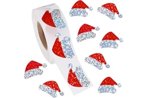 FUKAISU 500szt Małe Naklejki Świąteczne Czapki, Laserowy Czerwony Czapka Mikołaja Naklejki Uszczelniające Wodoodporne Samoprzylepne Rolka Etykiet Świątecznych na Koperty Dzienniki Artykuły Przyjęcia