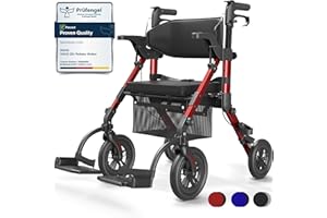 VOCIC 2 in 1 Wheelchair Rollator with Seat, Outdoor Rubber Tyre, Foldable Aluminum Mobility Walker with Brakes, Bag for Senior, 20cm Wheel for All Terrain Transport Chair, 5 Year Guarantee, Red