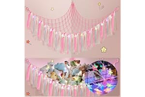 Lunriwis Teddy Hammock with LED Light, Boho Decor Plush Toy Storage Net, Teddy Bear Soft Toy Storage, Hand Woven Plush Macrame Toy Hammock for Stuffed Animals Pink
