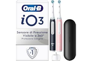 Oral-B Spazzolino Elettrico Ricaricabile iO 3 Rosa e Nero, 2 Spazzolino Elettrico Oral B, 2 Testine Di Ricambio, Custodia Da Viaggio. Confezione Doppia, Pulizia Denti Efficace