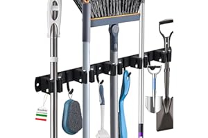 SWETFELA Accroche Balai Mural Acier Inoxydable, Porte Balais Mural 5 Supports Et 4 Crochets, Support Balais Mural Sans Percage, Accroche Balai pour Cuisine, Placard, Salle de Bain, Garage, Jardin(Noir)