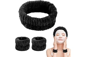 Bighan Set de Bandeau et Bracelets de Lavage de Visage, Poignets de Maquillage Absorbants, Bandeau de Soin Elastique pour Lavage du Visage, Noir