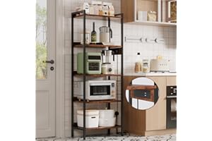 Dripex Bakers Rack with Power Outlets, Flexible Shelves, 65" Tall Kitchen Storage Rack with 6 Hooks, Industrial Bookshelf, Versatile Standing Shelf Units for Home, Kitchen, Living Room