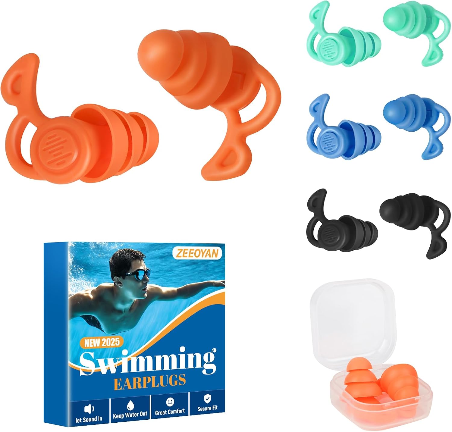 Tapón de oreja para piscina para adultos, 4 pares de tapones para los oídos de natación de silicona, reutilizables e impermeables, para ducha, natación, surf