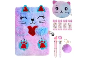 TEARMIER Secret Diary with Lock for Girls, Plush Cat Journal Notebook Set Cat Lockable Diary with Pompoms Keychain, Multicolored Pen, Diamond Stickers Gift for 6-12 Year Old Girls Birthday Presents