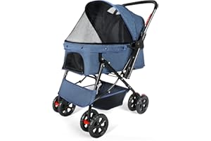 Virzen Foldable Dogs and Cat Strollers with Storage Basket and Cup Holder for Small and Medium Cats, Dogs, Puppies (Navy-Blue)