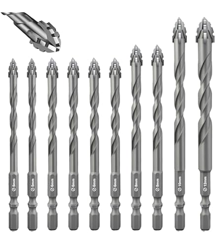 BGTEC Zeskantschacht hoge hardheid excentrische boor precisie 5 stuks 5/6/8/ 10/12 mm hardmetalen boren met boorhouder adapter voor hout, kunststof, metselwerk, keramiek, tegels, glas, beton, marmer
