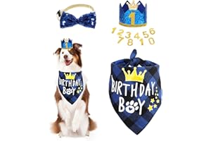 HARIENDNY Dog Birthday Party Supplies - Bandana Set with Bow Tie and Crown Hat with Numbers for Small, Medium and Large Dogs - Blue Outfit