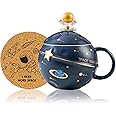 Yalucky Kawaii Astronaut Cup Space Embossed Planet Mug, Cute Ceramic Coffee Mug, Novelty Mug with Lid and Spoon for Coffee, Tea, Milk, Aesthetic Room Decor Funny Gift for Girl Boy Women (Dark blue)