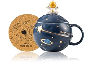 YALUCKY Kawaii Astronaut Tasse Planet mit Weltraum Prägung Süße Kaffeetasse aus Keramik Neuheit Becher, Deckel, Löffel für Kaffee, Tee und Milch Lustiges Geschenk Geburtstag (Dunkelblau)