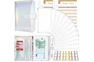 Raccoglitore Notebook A6, TAOPE Portadocumenti in Pelle PU con 12 Trasparente Sacchetti Cerniera Compilabile 26pcs per Budget di Contanti Organizzatore di Buste Risparmio di Denaro - Argento Laser