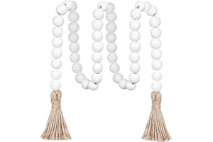 Meplait 39in Wood Bead Garland with Tassels, Farmhouse Rustic Decor Prayer Beads Boho Tassel Garland Wall Hanging Home Decor (White)