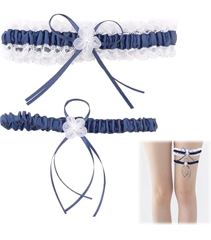 Paire De Jarretelles De Mariée En Dentelle Bleue - Avec Pendentif Cœur - Élastique Taille Unique - Accessoire De Mariage - 9