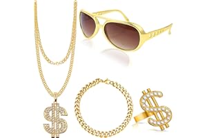 Alviller 4Pcs Hip Hop Costume Set, Hippy Accessories with Disco Dollar Sign Necklace Ring Retro Sunglasses Golden Bracelet Fancy Dress for Rapper Women Men Party Supplies