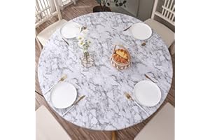 WALRUS Round Vinyl Fitted Tablecloth with Flannel Backing Elastic Edge Design Table Cover Waterproof Oil-Proof PVC Table Cloth Stain-Resistant Best for 57"-66" Round