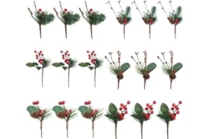 Famibay Sztuczne gałązki jodły, gałązki jagód, czerwone, gałązki bożonarodzeniowe z jagodami i szyszkami, na choinkę, wieniec bożonarodzeniowy, girlanda dekoracja stołu