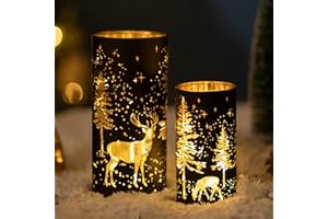 Glasseam Weihnachten Windlicht Glas Kerzenhalter: 2er Set Kerzengläser Weihnachtsdeko Tisch Kerzenglas Glaszylinder für Kerzen Windlicht Schwarz Kerzenständer Stumpenkerzen für Wohnzimmer Dekoration