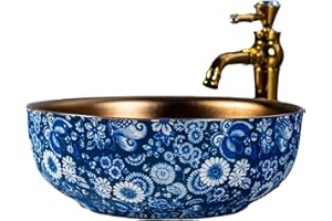 jdzjybqx vasque en céramique, porcelaine bleue et blanche, lavabo de salle de bain oriental, vasque ronde, motif fleur de papillon, Max Dia.42cmxH15cm