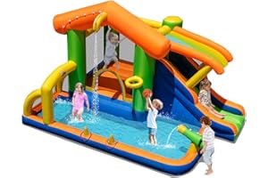 COSTWAY Inflatable Water Park, 8 in 1 Kids Bouncy Castle with Slide, Water Cannon, Football Goal, Basketball Hoop, Ring Toss, Splash Pool, Climbing Wall, Outdoor Blow Up Bounce House (without blower)