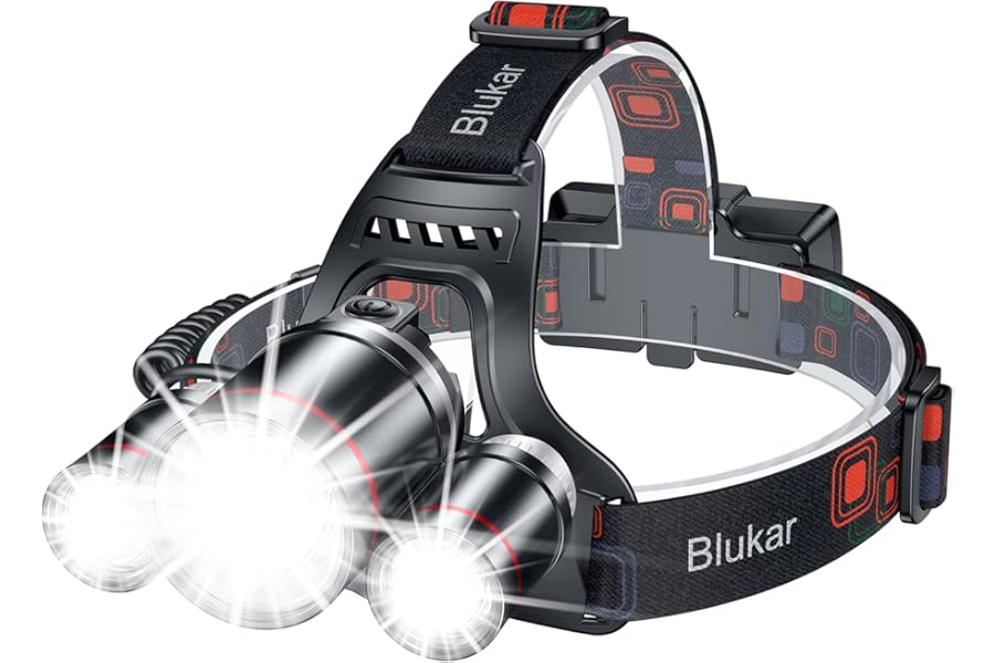 Blukar Head Torch Rechargeable, 8000L Super Bright Headlamp with 3 Lights 5 Modes, 4400mAh Capacity, 20 Hrs+ Runtime - IPX6 Waterproof Adjustable Focus Headlight for Running, Hiking, Fishing etc.