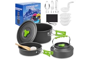REAQUE Ensemble de casseroles de Camping 12 pièces de Table d'extérieur Portable en Aluminium Pliable Pot de Camping Bouilloire Couverts Pot pour 2-3 Personnes Cuisine en Plein air randonnée Camping