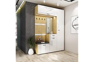 ARREDO DA CASA Mobile Ingresso Moderno con 4 Ganci Appendiabiti 1 Specchio 1 Armadio a Colonna 1 Pensile Orizzontale 1 Cassetto e 2 Ante Rovere Dorato e Bianco Lucido IU30