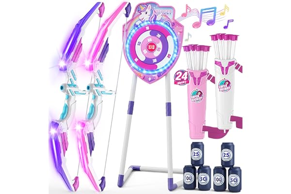 HYES Tir à l'arc Flèche et Arc Jouet pour Enfants, Kit de Tir à l'arc avec Lumières LED, flèches à Ventouse, Cible Debout, Flèches et Cibles de Score, Jouet d'Intérieur et d'Extérieur