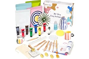Gleamkid DIY Air Dry Clay for Adults,24 PCS Clay Kit,DIY Clay Kit for Beginners,Pottery Kit with Acrylic Paints,Stamps & Tools,4 * 500g,Arts Crafts Hobby