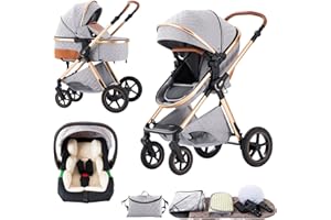 BEBBY 3-in-1 Pushchair Combination Pram Set 2-in-1 Buggy Foldable Luxury High Landscape Newborn Portable Folding Pushchair Travel System (Light Grey, H2)